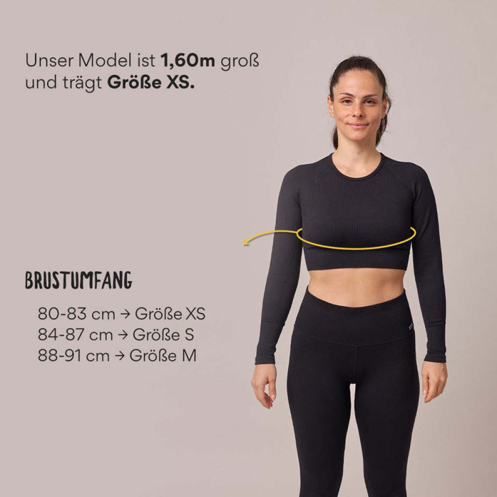 Geripptes Sportshirt langarm Damen aus recyceltem Polyamid Schwarz